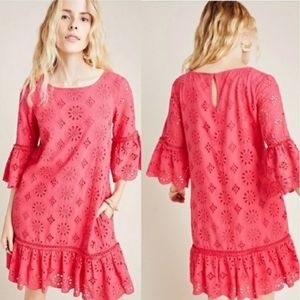 Anthropologie Dani Red Pink Eyelet Lace Ruffle Scallop Dress Size 4